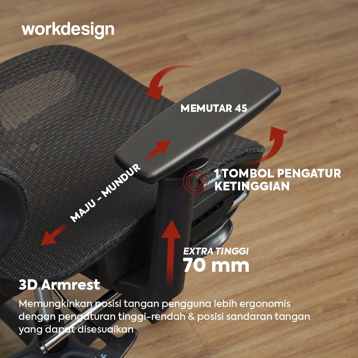 WORKDESIGN - LANDO PC KURSI KANTOR / KURSI KERJA / KURSI GAMING / KURSI ERGONOMIS DENGAN LUMBAR SUPPORT warna BLACK - WORKDESIGN - foto 7