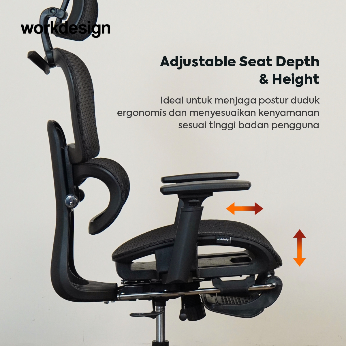 WORKDESIGN - LANDO PC KURSI KANTOR / KURSI KERJA / KURSI GAMING / KURSI ERGONOMIS DENGAN LUMBAR SUPPORT warna BLACK - WORKDESIGN - foto 10