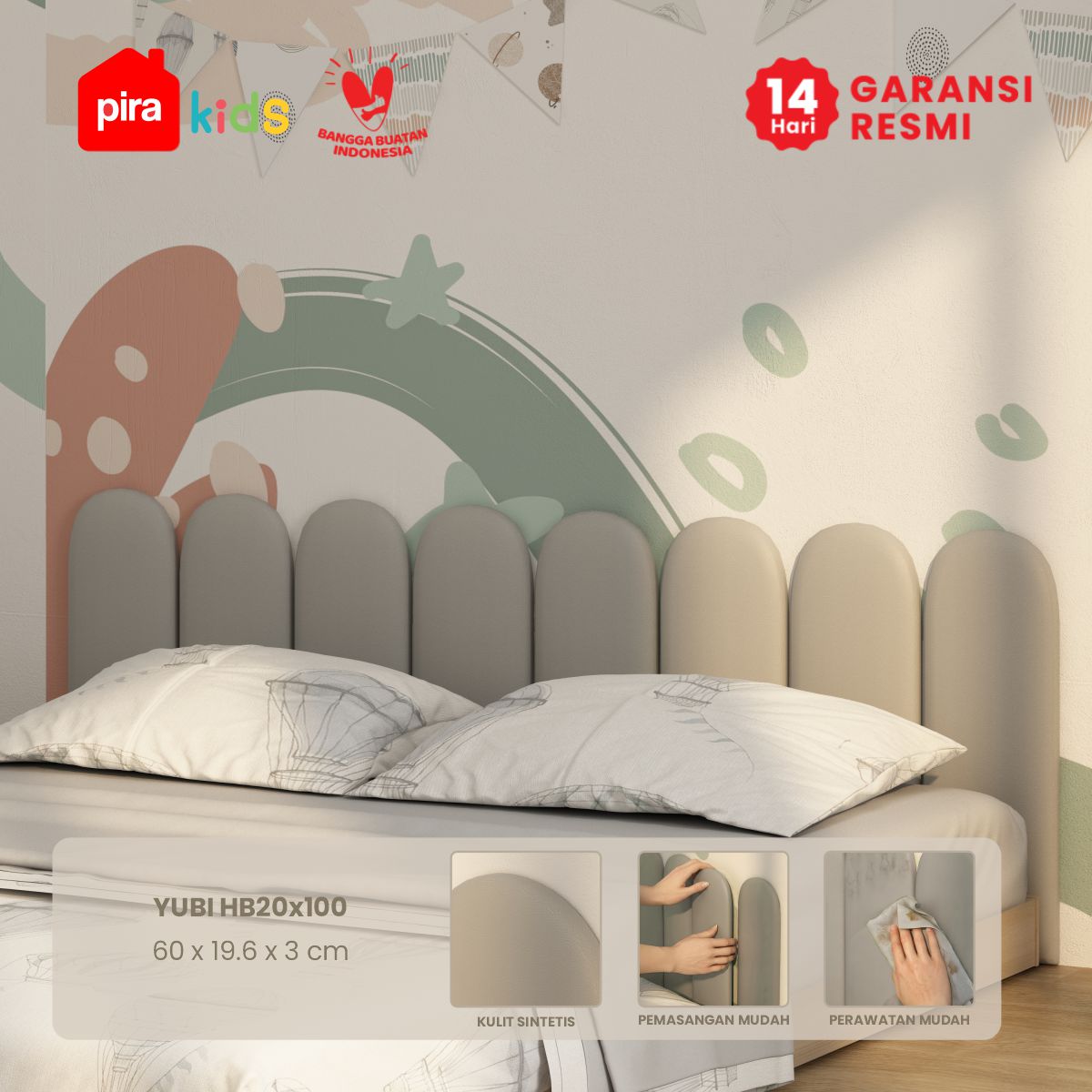 PIRA KIDS - YUBI HB20X60 HEADBOARD KASUR / WALL PANEL 3D / WALLPAPER FOAM 3D / SANDARAN BERMAIN ANAK 1 PCS warna LIGHT GREY - PIRA KIDS - foto 1