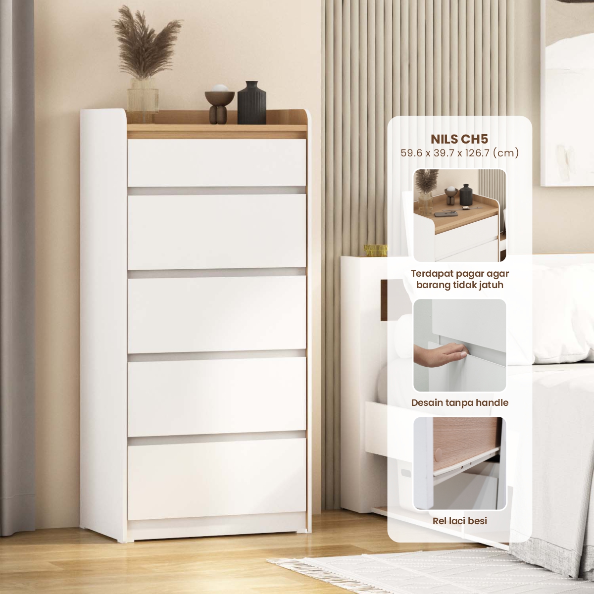 PIRA METROPOLIS - NILS CH5 LEMARI LACI 5 SUSUN / DRAWER / LEMARI SUSUN warna WHITE - PRO OAK - PIRA METROPOLIS - foto 1