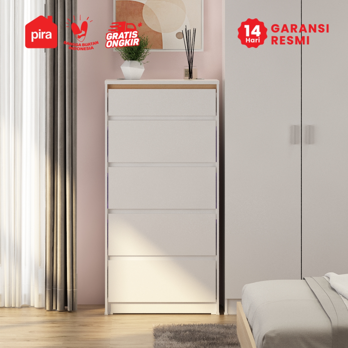 PIRA METROPOLIS OX - HIRO CHDS560 LEMARI LACI / LACI SUSUN / MEJA RIAS / DRAWER / LEMARI SUSUN DENGAN KACA RIAS warna WHITE - PRO OAK - PIRA METROPOLIS - foto 2