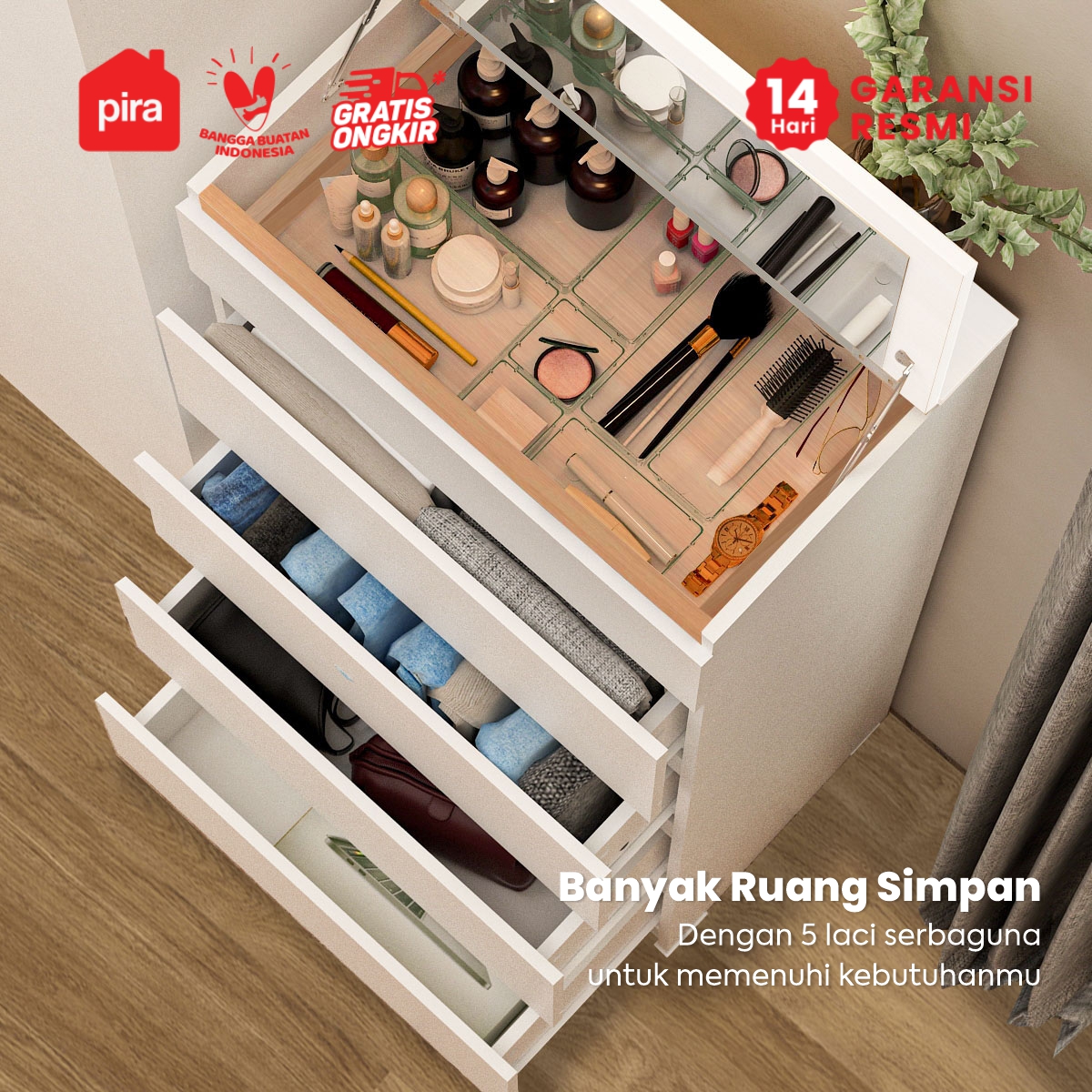 PIRA METROPOLIS OX - HIRO CHDS560 LEMARI LACI / LACI SUSUN / MEJA RIAS / DRAWER / LEMARI SUSUN DENGAN KACA RIAS warna WHITE - PRO OAK - PIRA METROPOLIS - foto 5