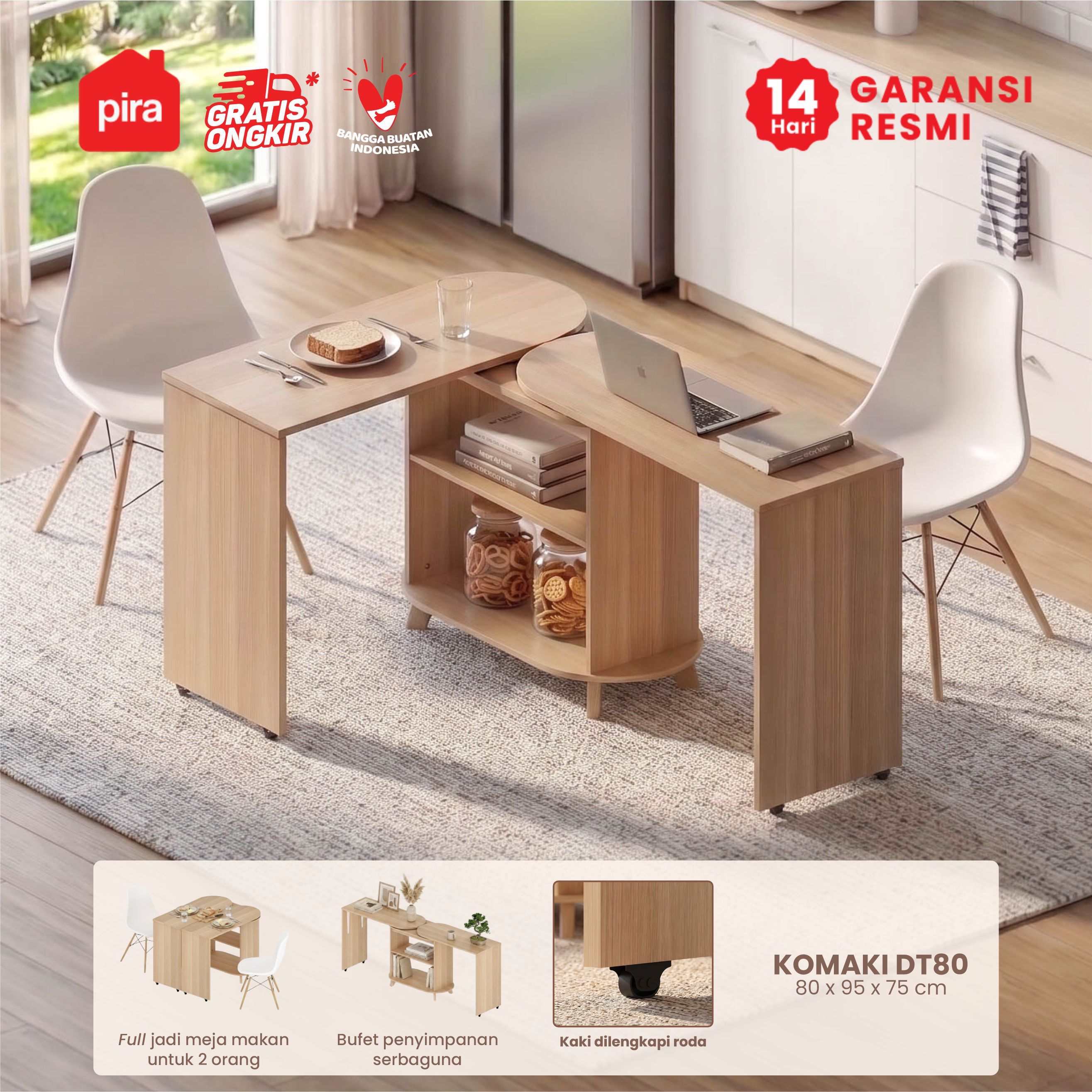 PIRA -  KOMAKI DT80 MEJA MAKAN / MEJA KERJA / MEJA BELAJAR / MEJA TV / MEJA ADJUSTABLE warna PRO OAK - PIRA - foto 1