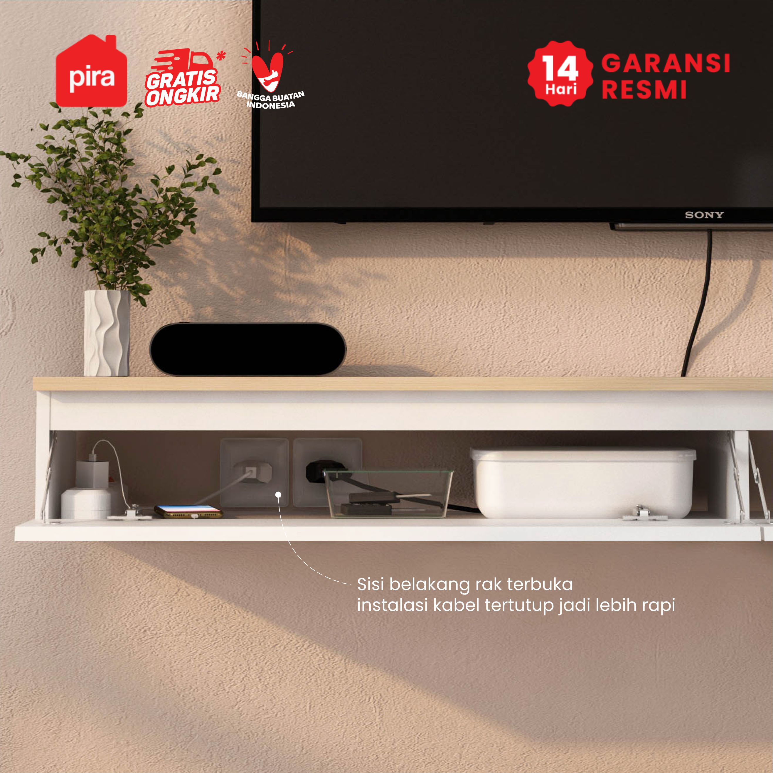 PIRA - LINUS TVG120 MEJA TV / MEJA TV GANTUNG / RAK TV GANTUNG / LEMARI TV GANTUNG warna WHITE SM - PRO OAK - PIRA - foto 3