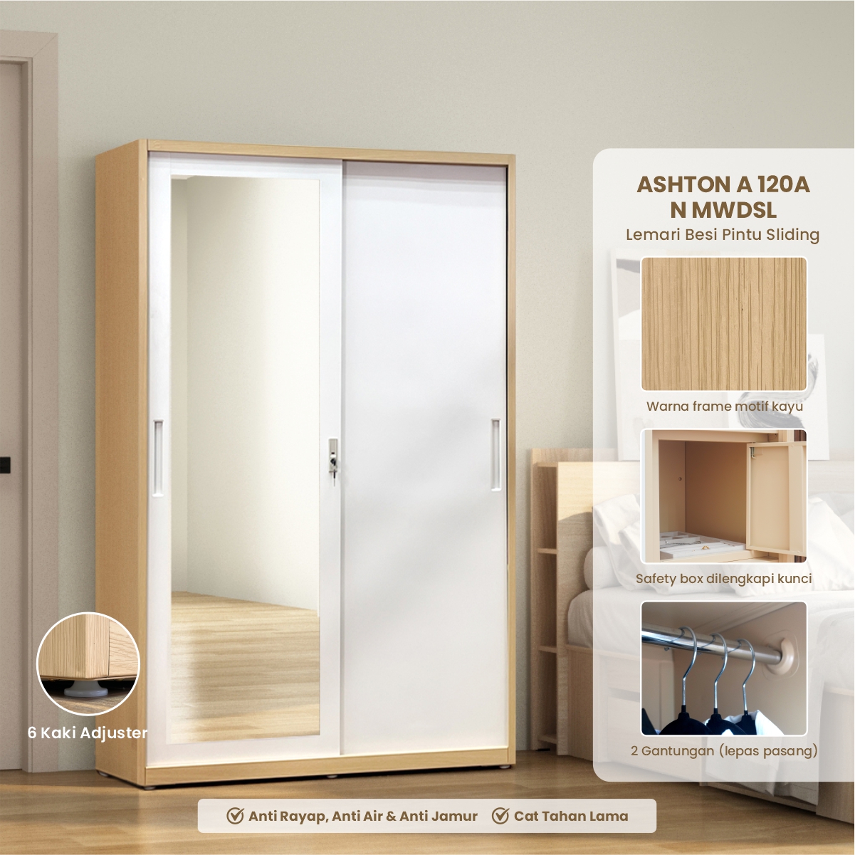 PIRA - ASHTON A 120A N MWDSL LEMARI PAKAIAN BESI SLIDING / GESER MOTIF KAYU warna LIGHT ASH - WHITE - PIRA - foto 1