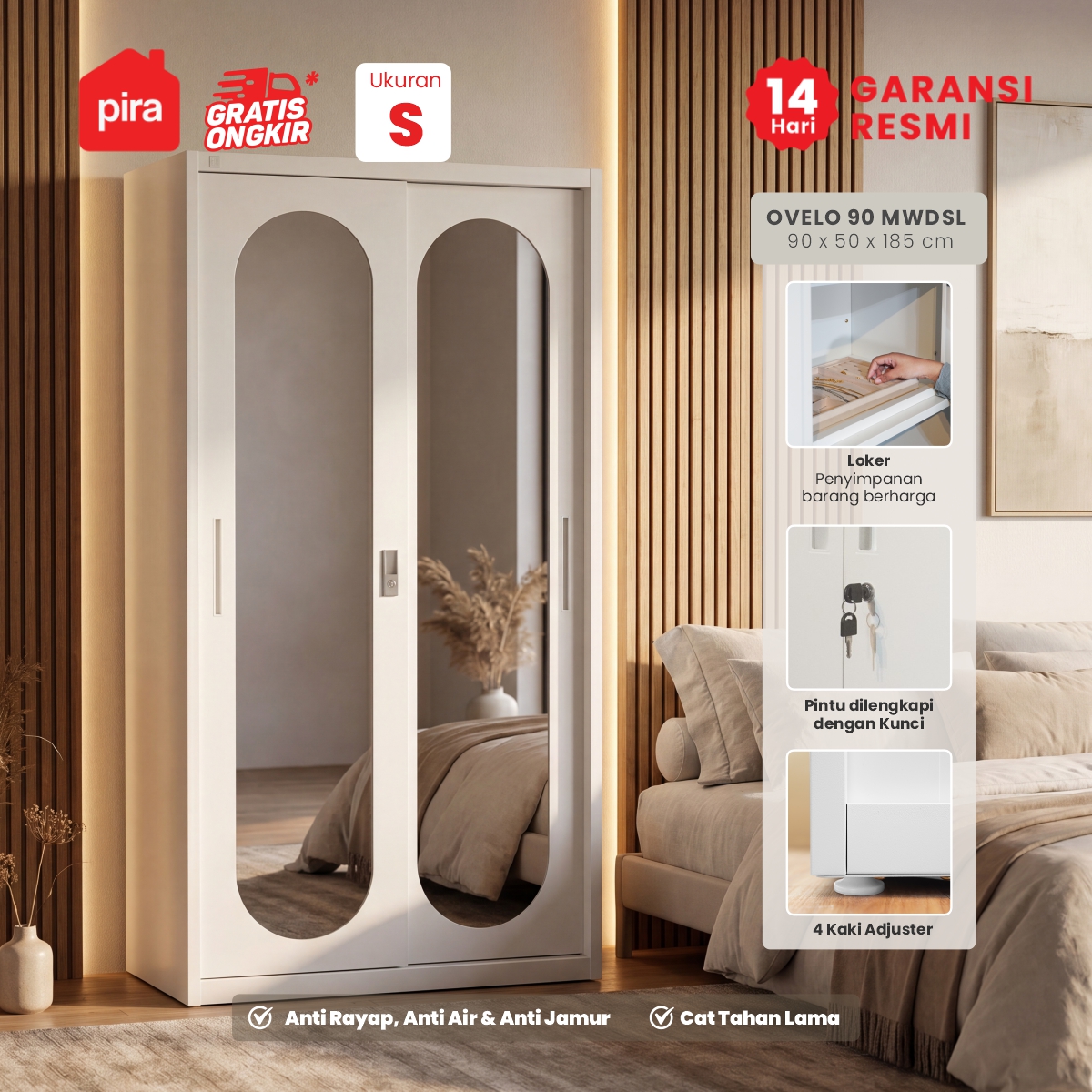 PIRA -  OVELO 90 MWDSL LEMARI PAKAIAN BESI SLIDING / PINTU GESER warna WHITE - PIRA - foto 1