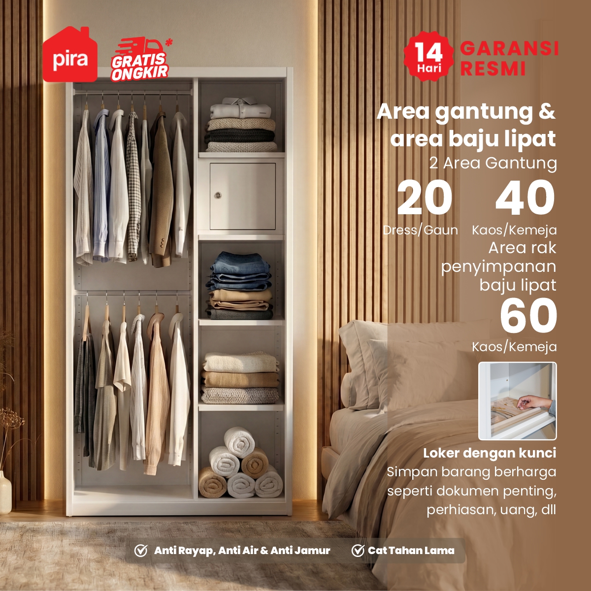 PIRA -  OVELO 90 MWDSL LEMARI PAKAIAN BESI SLIDING / PINTU GESER warna WHITE - PIRA - foto 3