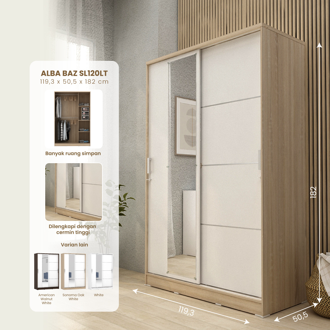 PIRA METROPOLIS - ALBA BAZ SL120LT LEMARI PAKAIAN 2 PINTU GESER warna SONOMA OAK - WHITE - METROPOLIS - foto 1