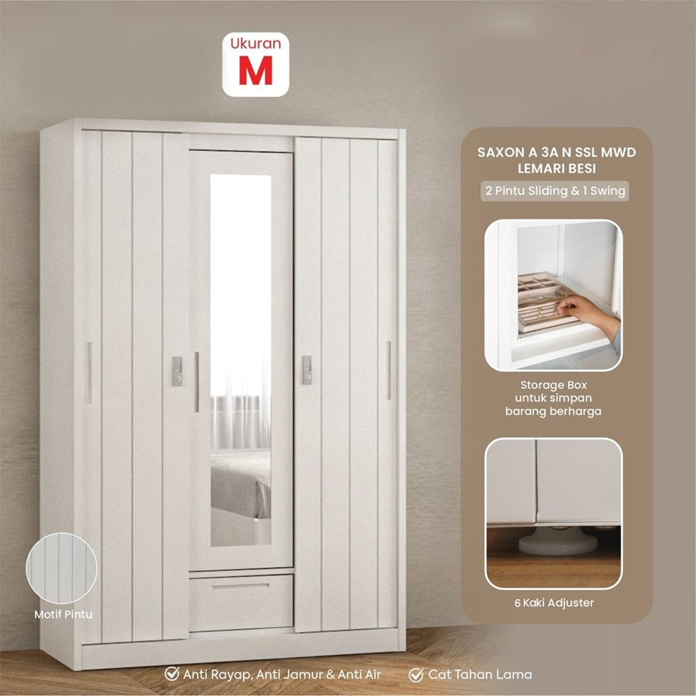 PIRA - SAXON A 3A N SSL MWD LEMARI PAKAIAN BESI 3 PINTU warna WHITE - PIRA - foto 1