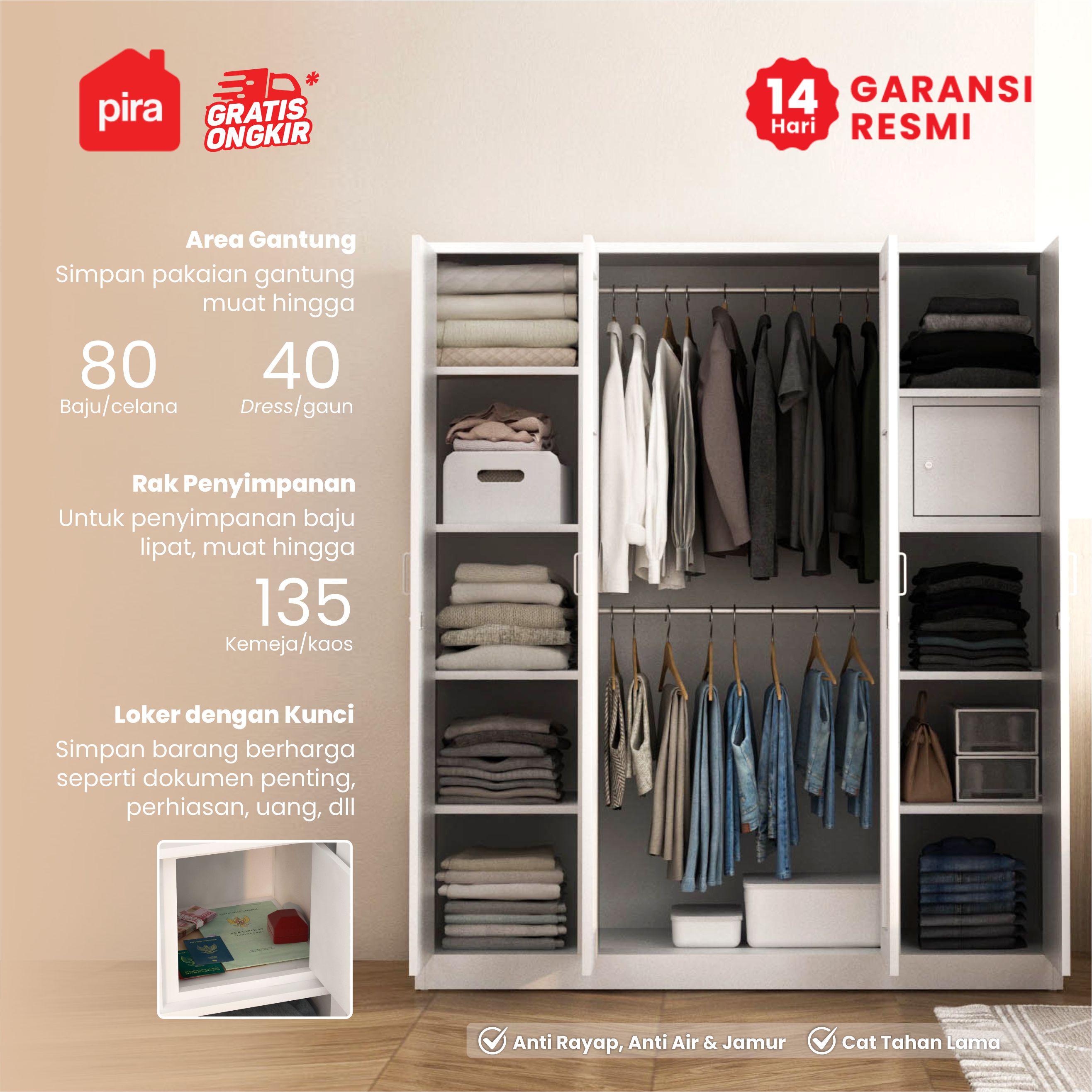 PIRA -  LINIO 4P MWD LEMARI PAKAIAN BESI 4 PINTU DENGAN CERMIN warna WHITE - PIRA - foto 2