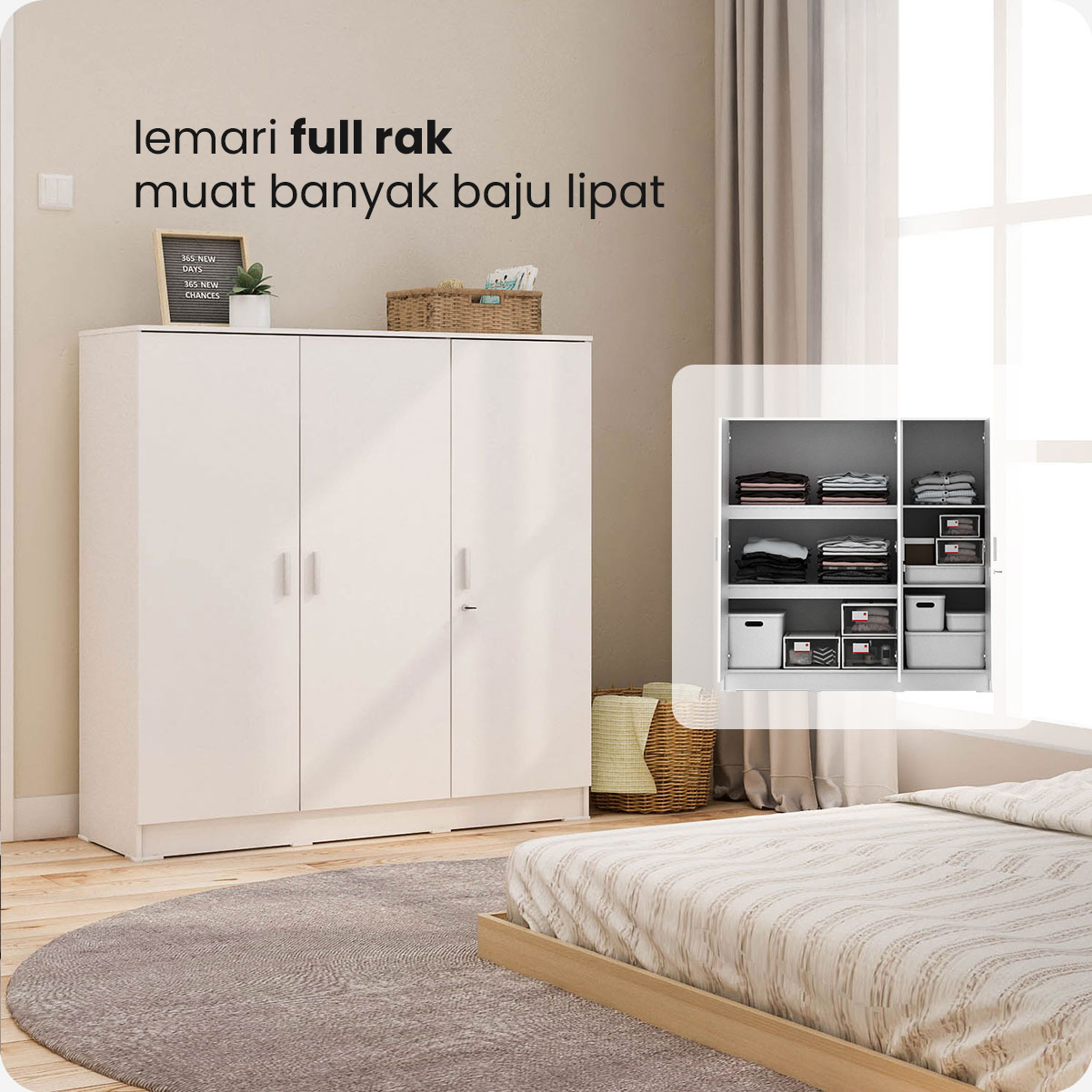 PIRA METROPOLIS OX - ARUNA BLS120 LEMARI PAKAIAN 3 PINTU FULL RAK warna WHITE - PIRA METROPOLIS OX - foto 2