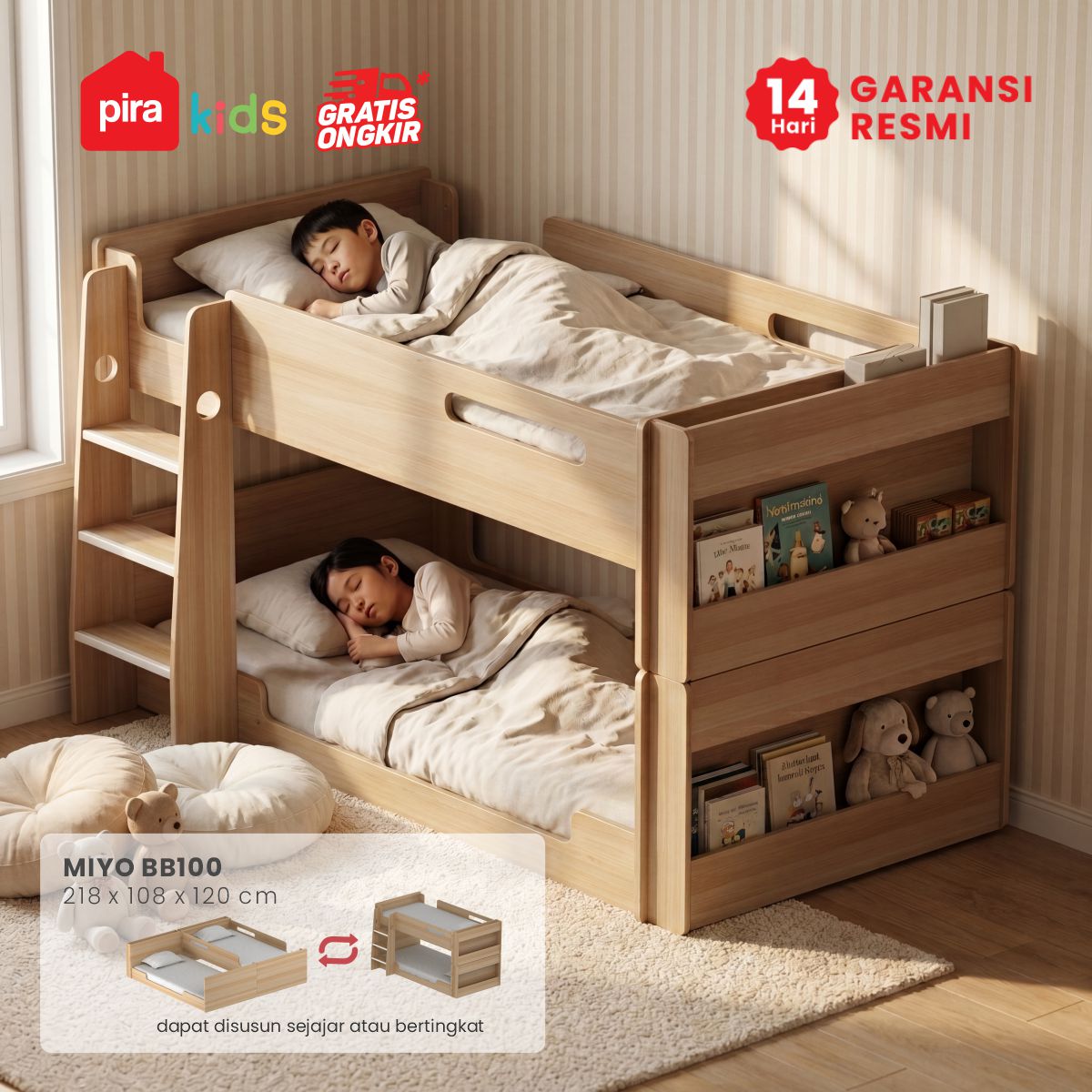 PIRA KIDS - MIYO BB100 DIPAN TEMPAT TIDUR SUSUN / DIPAN TINGKAT / RANJANG TINGKAT warna PRO OAK - PIRA KIDS - foto 1