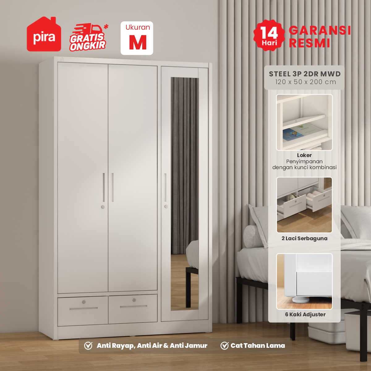 PIRA -  STEEL 3P 2DR MWD LEMARI PAKAIAN BESI 3 PINTU DENGAN 2 LACI DAN CERMIN warna WHITE - PIRA - foto 1