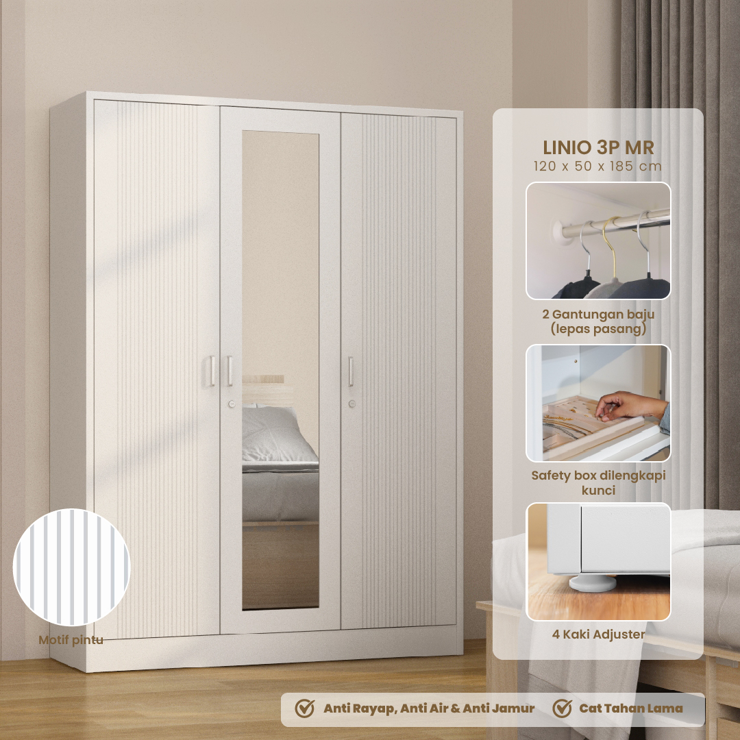 PIRA - LINIO 3P MR MWD LEMARI PAKAIAN BESI 3 PINTU SWING DENGAN CERMIN warna WHITE - PIRA - foto 1