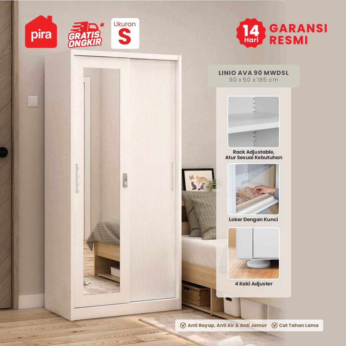 PIRA - LINIO AVA 90 MWDSL LEMARI PAKAIAN BESI SLIDING / PINTU GESER warna WHITE - PIRA - foto 1