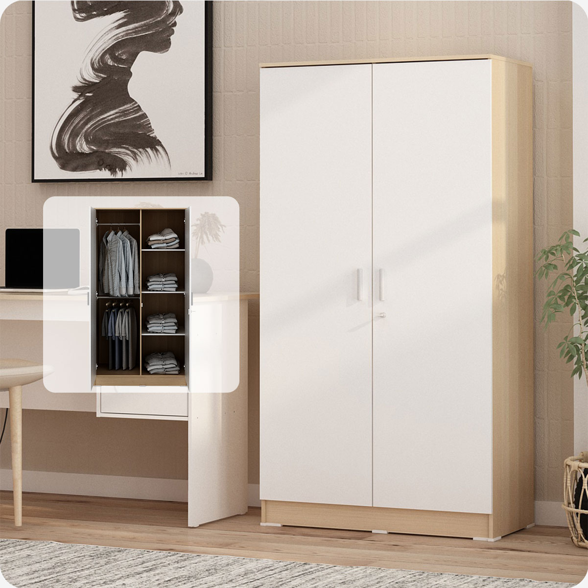 PIRA METROPOLIS OX -  ARUNA 2PM LEMARI PAKAIAN MEDIUM 2 PINTU warna PRO OAK - WHITE - PIRA METROPOLIS OX - foto 2