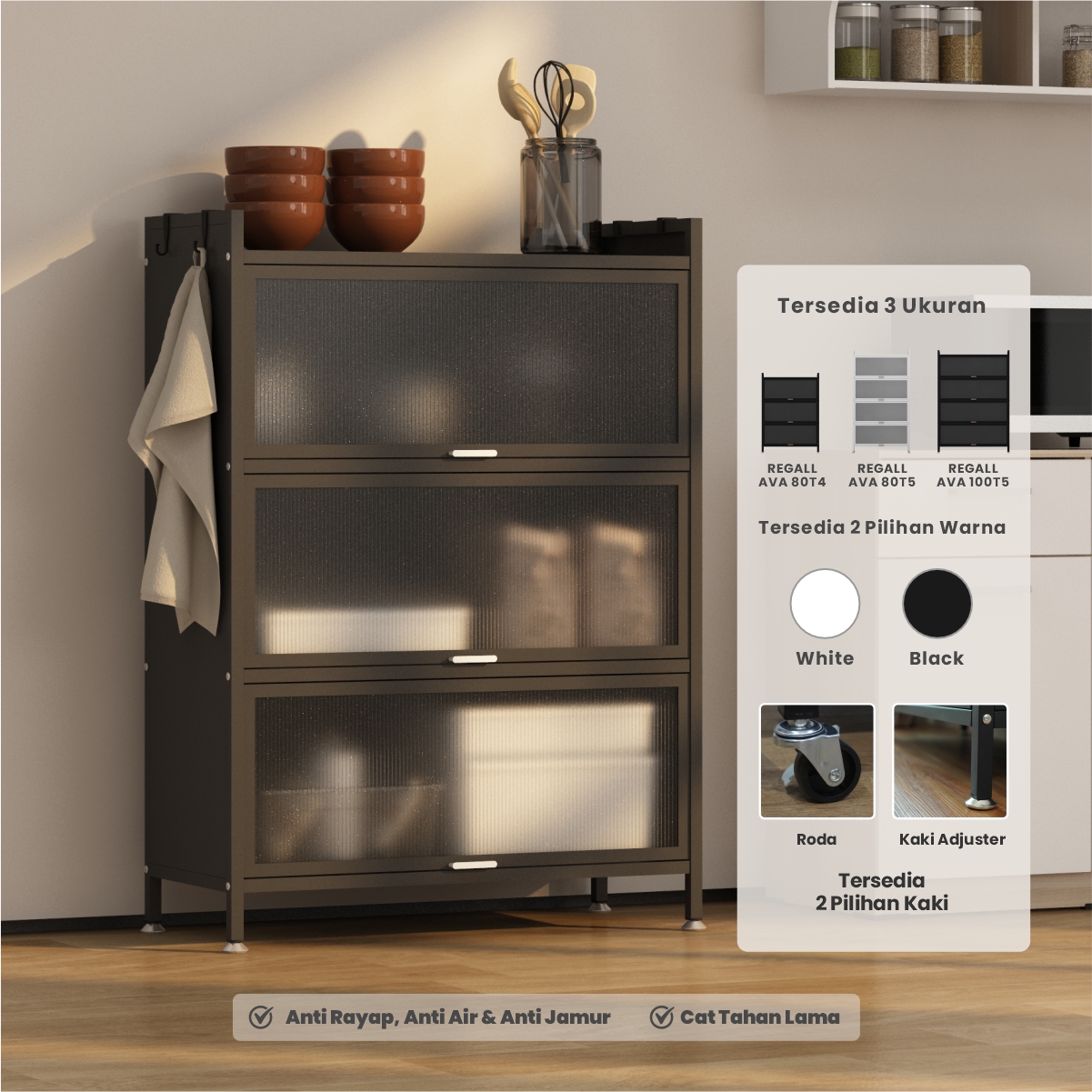 PIRA - REGALL AVA MSU 80T4 LEMARI DAPUR / RAK DAPUR / RAK DAPUR BESI / RAK SUSUN SERBAGUNA warna BLACK - PIRA - foto 1