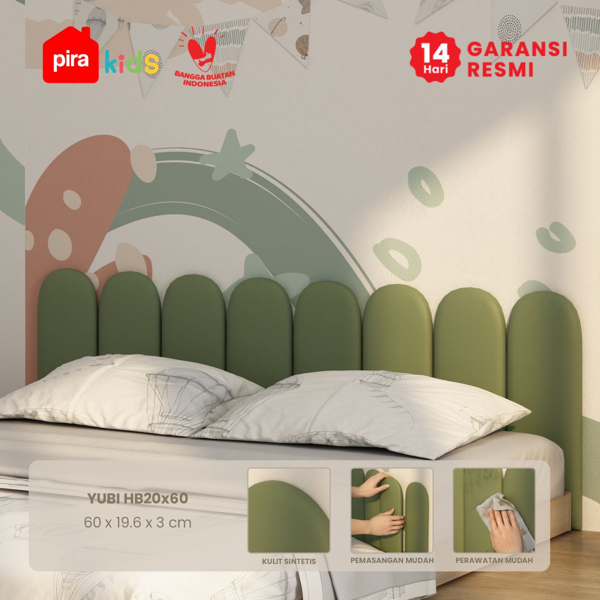 PIRA KIDS - YUBI HB20X60 HEADBOARD KASUR / WALL PANEL 3D / WALLPAPER FOAM 3D / SANDARAN BERMAIN ANAK 1 PCS warna GREEN - PIRA KIDS - foto 1