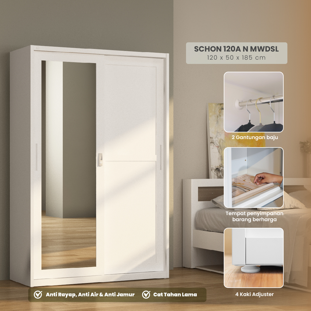 PIRA - SCHON 120A N MWDSL LEMARI PAKAIAN BESI SLIDING / PINTU GESER warna WHITE - PIRA - foto 1