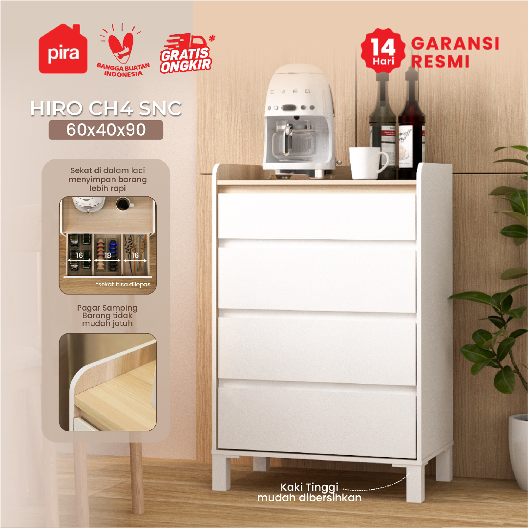 PIRA METROPOLIS - HIRO CH4 SNC LEMARI LACI DENGAN SEKAT / LEMARI SUSUN / DRAWER warna WHITE - PRO OAK - PIRA METROPOLIS OX - foto 1