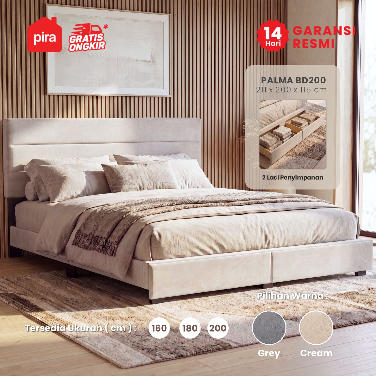 PIRA - PALMA BD200 PLATFORM BED / DIPAN / DIPAN TEMPAT TIDUR / RANJANG KASUR / DIPAN DENGAN LACI PENYIMPANAN warna CREAM - PIRA - foto 1