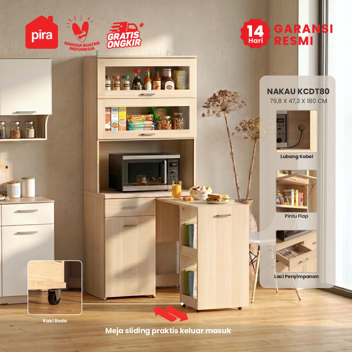 PIRA - NAKAU KCDT80 LEMARI DAPUR / RAK DAPUR / KITCHEN SET / KABINET DAPUR DENGAN MEJA MAKAN warna PRO OAK - PIRA - foto 1