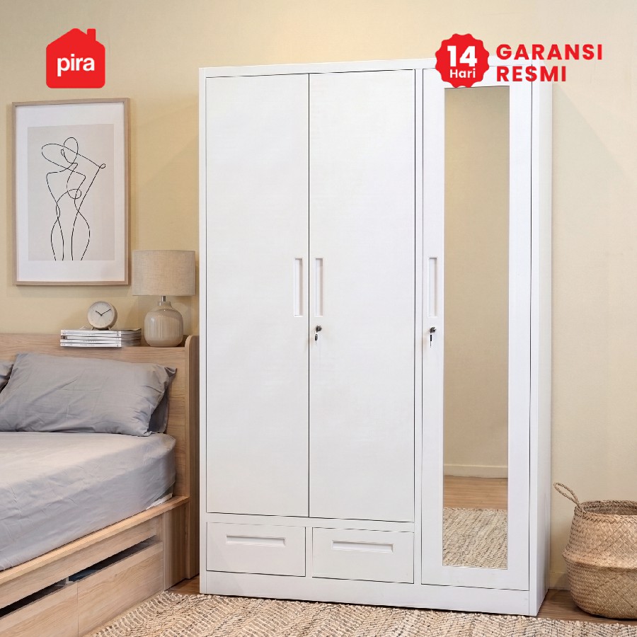 PIRA -  STEEL 3P 2DR MWD LEMARI PAKAIAN BESI 3 PINTU DENGAN 2 LACI DAN CERMIN warna WHITE - PIRA - foto 4