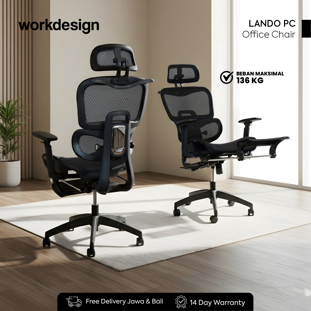 WORKDESIGN - LANDO PC KURSI KANTOR / KURSI KERJA / KURSI GAMING / KURSI ERGONOMIS DENGAN LUMBAR SUPPORT warna BLACK - WORKDESIGN - foto 1