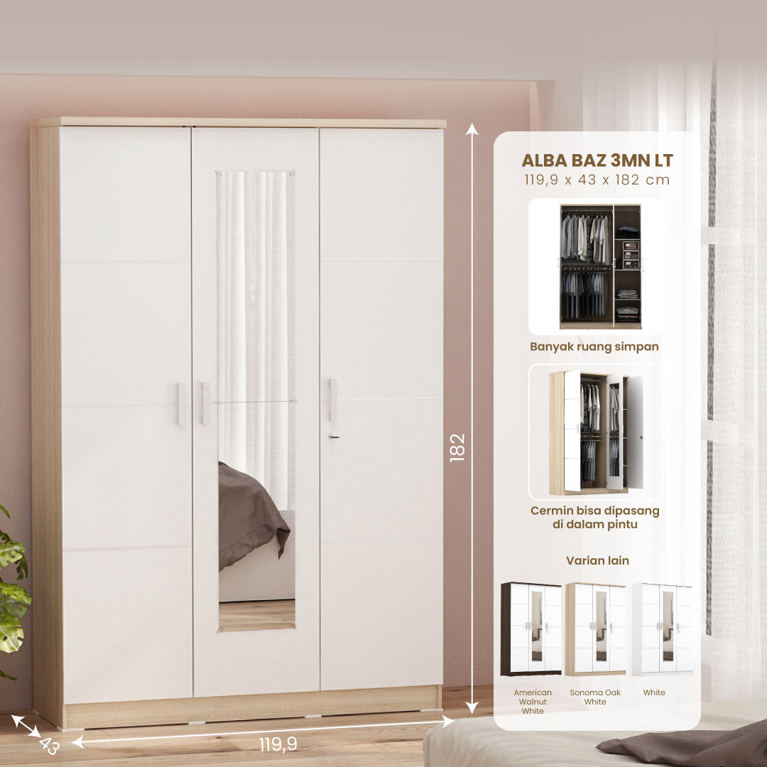 PIRA METROPOLIS - ALBA BAZ 3MN LT LEMARI PAKAIAN 3 PINTU warna SONOMA OAK - WHITE - METROPOLIS - foto 1