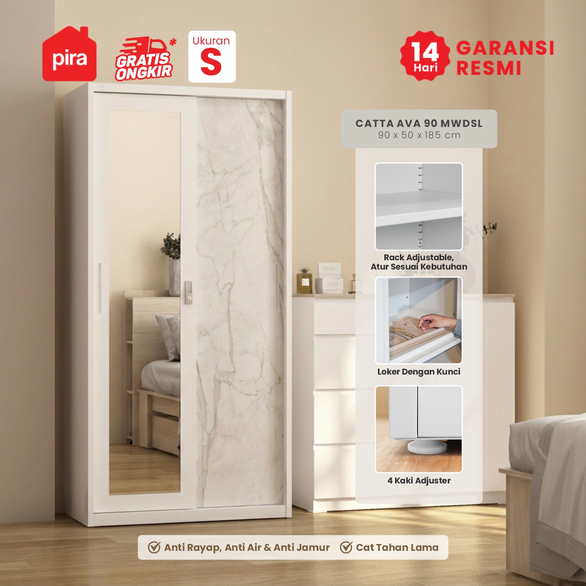 PIRA - CATTA AVA 90 MWDSL LEMARI PAKAIAN BESI SLIDING / PINTU GESER warna LIGHT MARBLE - WHITE - PIRA - foto 1