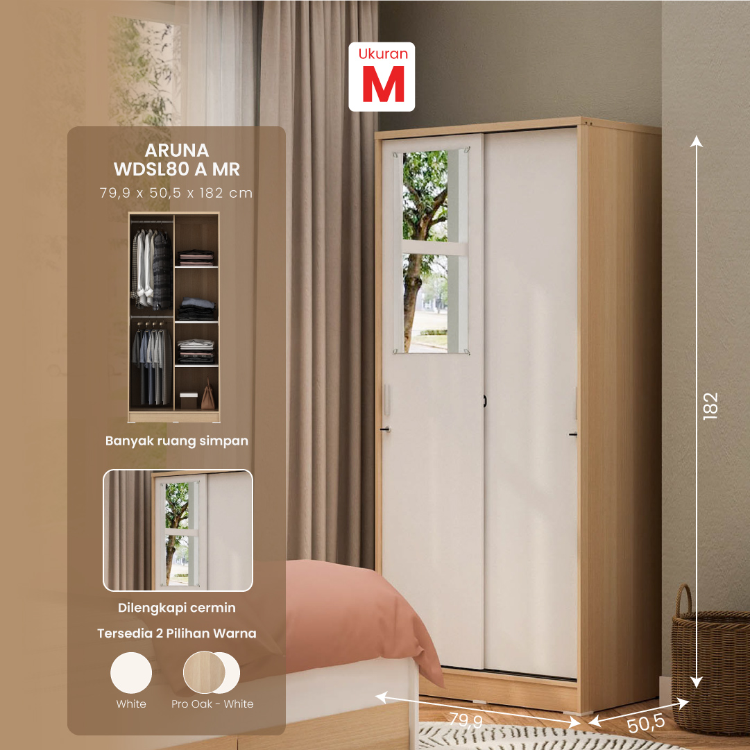 PIRA METROPOLIS OX - ARUNA WDSL80 A MR LEMARI PAKAIAN PINTU GESER / SLIDING warna PRO OAK - WHITE - PIRA METROPOLIS OX - foto 1