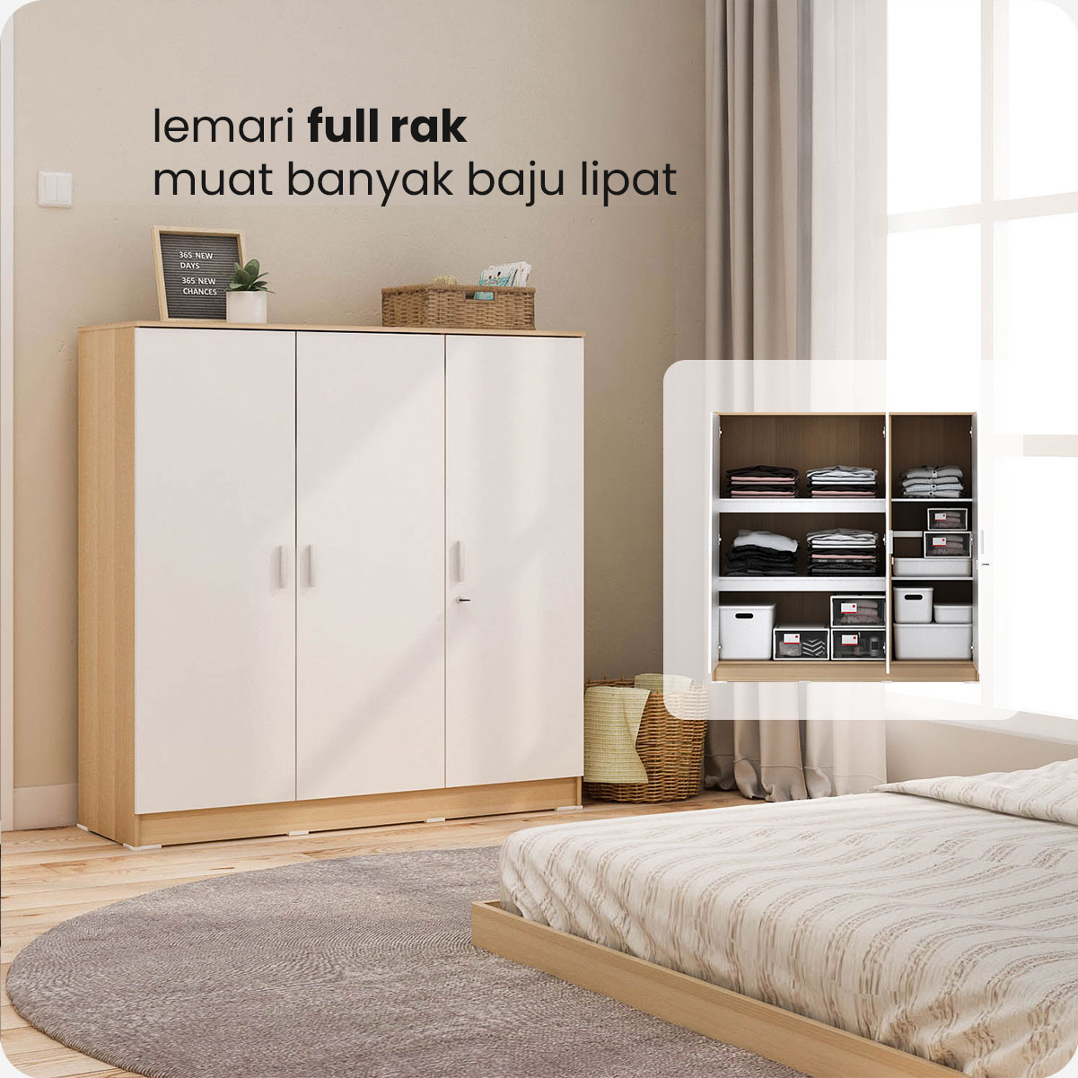 PIRA METROPOLIS OX - ARUNA BLS120 LEMARI PAKAIAN 3 PINTU FULL RAK warna PRO OAK - WHITE - PIRA METROPOLIS OX - foto 2