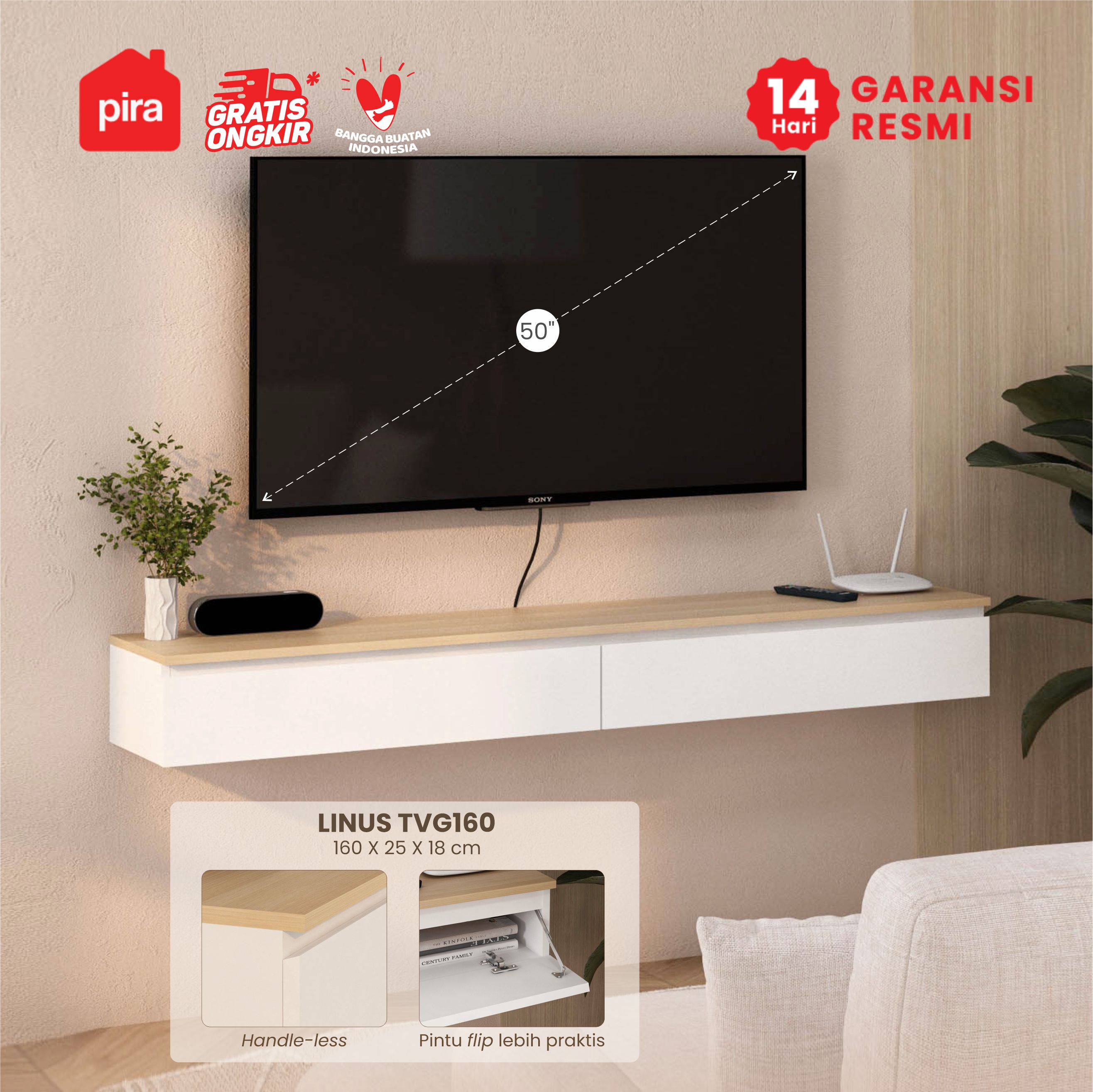 PIRA - LINUS TVG120 MEJA TV / MEJA TV GANTUNG / RAK TV GANTUNG / LEMARI TV GANTUNG warna WHITE SM - PRO OAK - PIRA - foto 1