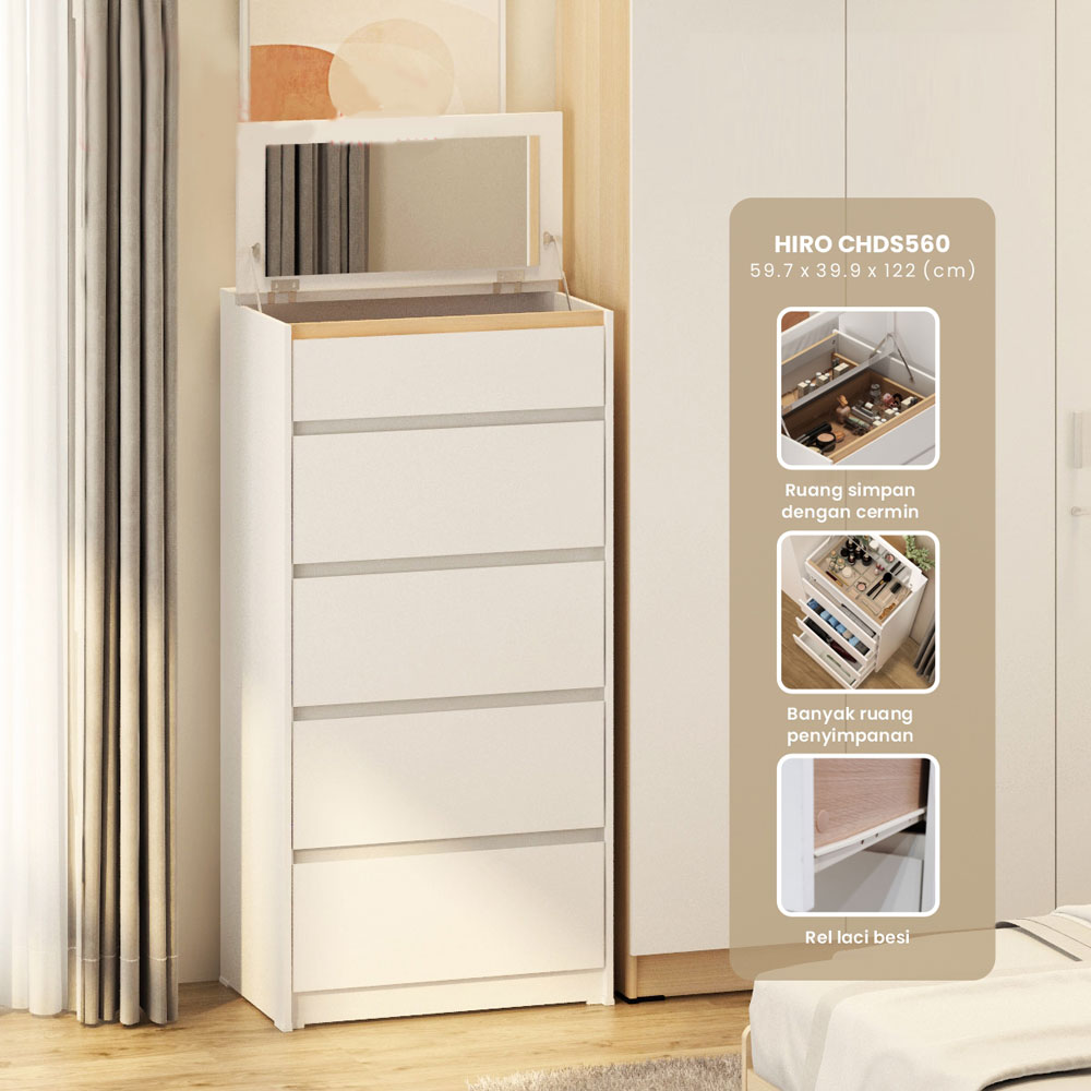 PIRA METROPOLIS OX - HIRO CHDS560 LEMARI LACI / LACI SUSUN / MEJA RIAS / DRAWER / LEMARI SUSUN DENGAN KACA RIAS warna WHITE - PRO OAK - PIRA METROPOLIS - foto 1