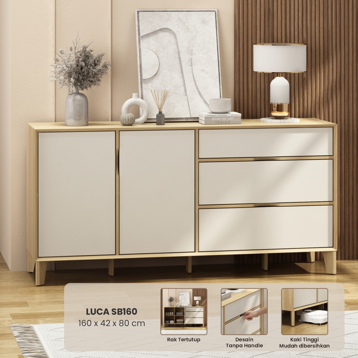 PIRA -  LUCA SB160 BUFET / SIDEBOARD / LEMARI KABINET / MEJA TV warna EURO OAK - LIGHT TAUPE - PIRA - foto 1