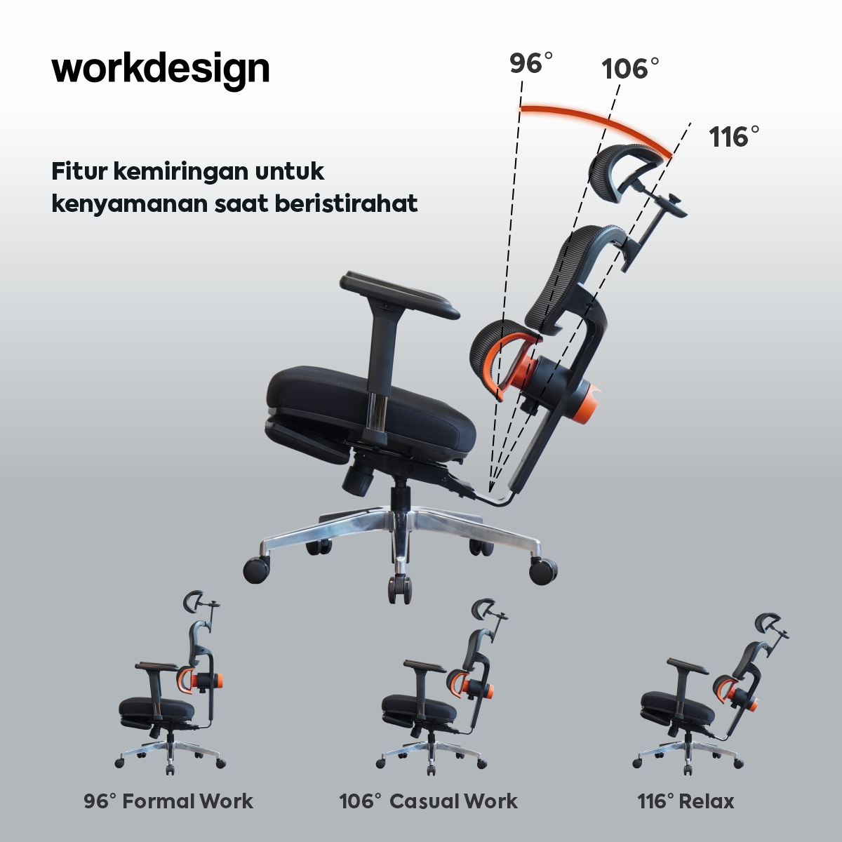 WORKDESIGN ANISEYA PC KURSI KANTOR / KURSI KERJA ERGONOMIS DENGAN LUMBAR SUPPORT warna BLACK - WORKDESIGN - foto 7