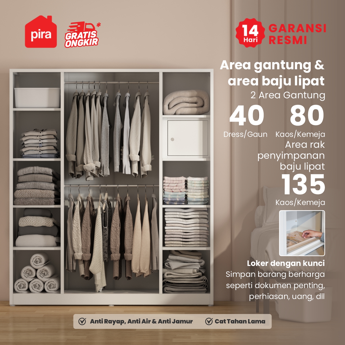 PIRA -  SAXON 4P MWD LEMARI PAKAIAN BESI 4 PINTU DENGAN CERMIN warna WHITE - PIRA - foto 2