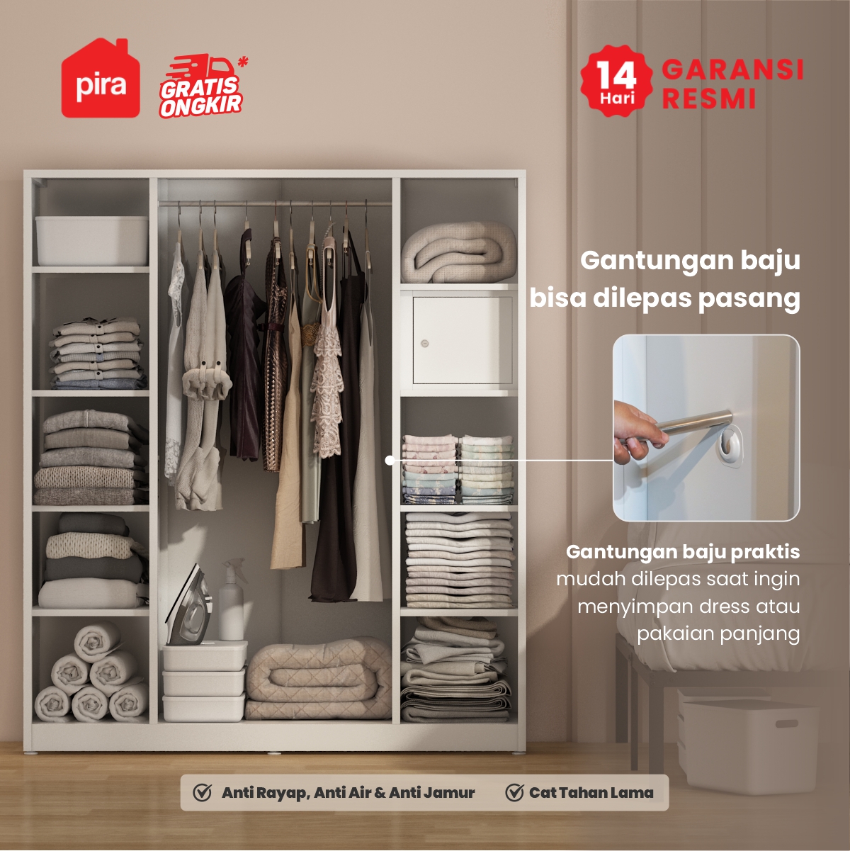PIRA -  SAXON 4P MWD LEMARI PAKAIAN BESI 4 PINTU DENGAN CERMIN warna WHITE - PIRA - foto 3