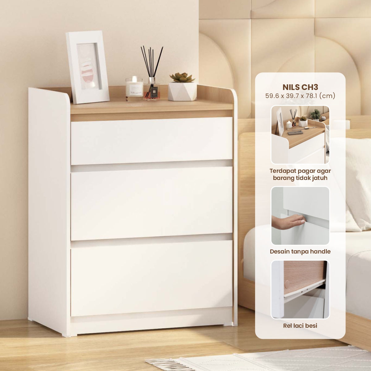 PIRA METROPOLIS - NILS CH3 LEMARI LACI 3 SUSUN / DRAWER / LEMARI SUSUN warna WHITE - PRO OAK - PIRA METROPOLIS - foto 1