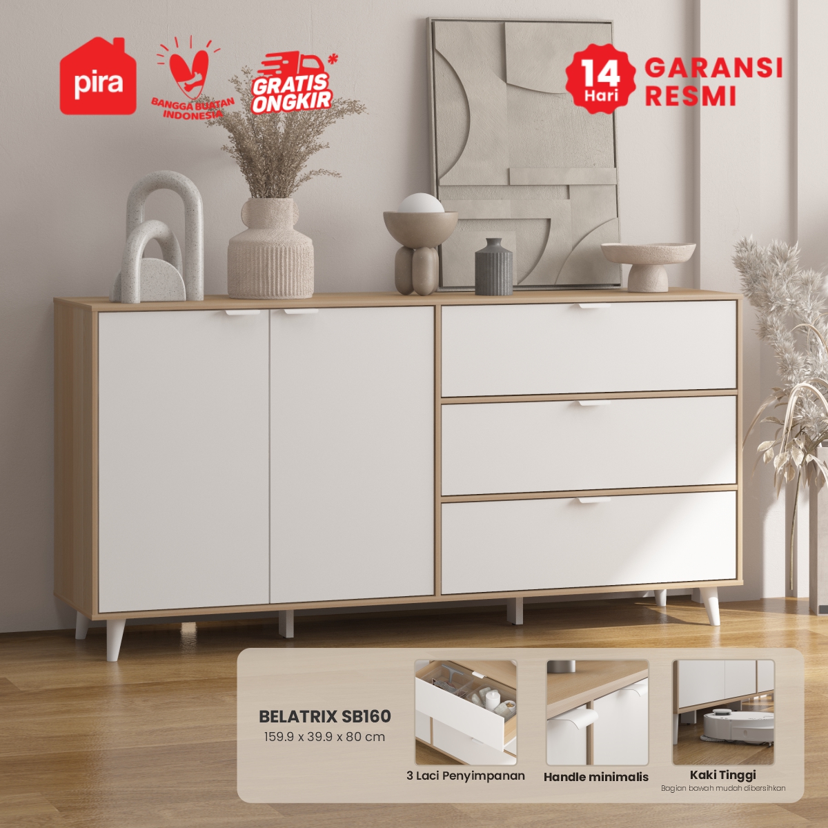 PIRA METROPOLIS OX - BELATRIX SB160 BUFET / KABINET / SIDEBOARD / MEJA TV warna PRO OAK - WHITE - PIRA METROPOLIS OX - foto 1