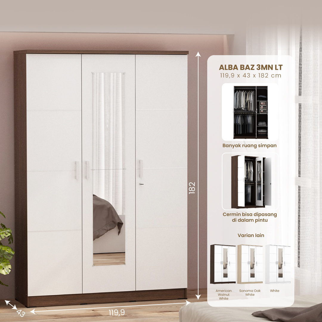 PIRA METROPOLIS - ALBA BAZ 3MN LT LEMARI PAKAIAN 3 PINTU warna AMERICAN WALNUT - WHITE - METROPOLIS - foto 1