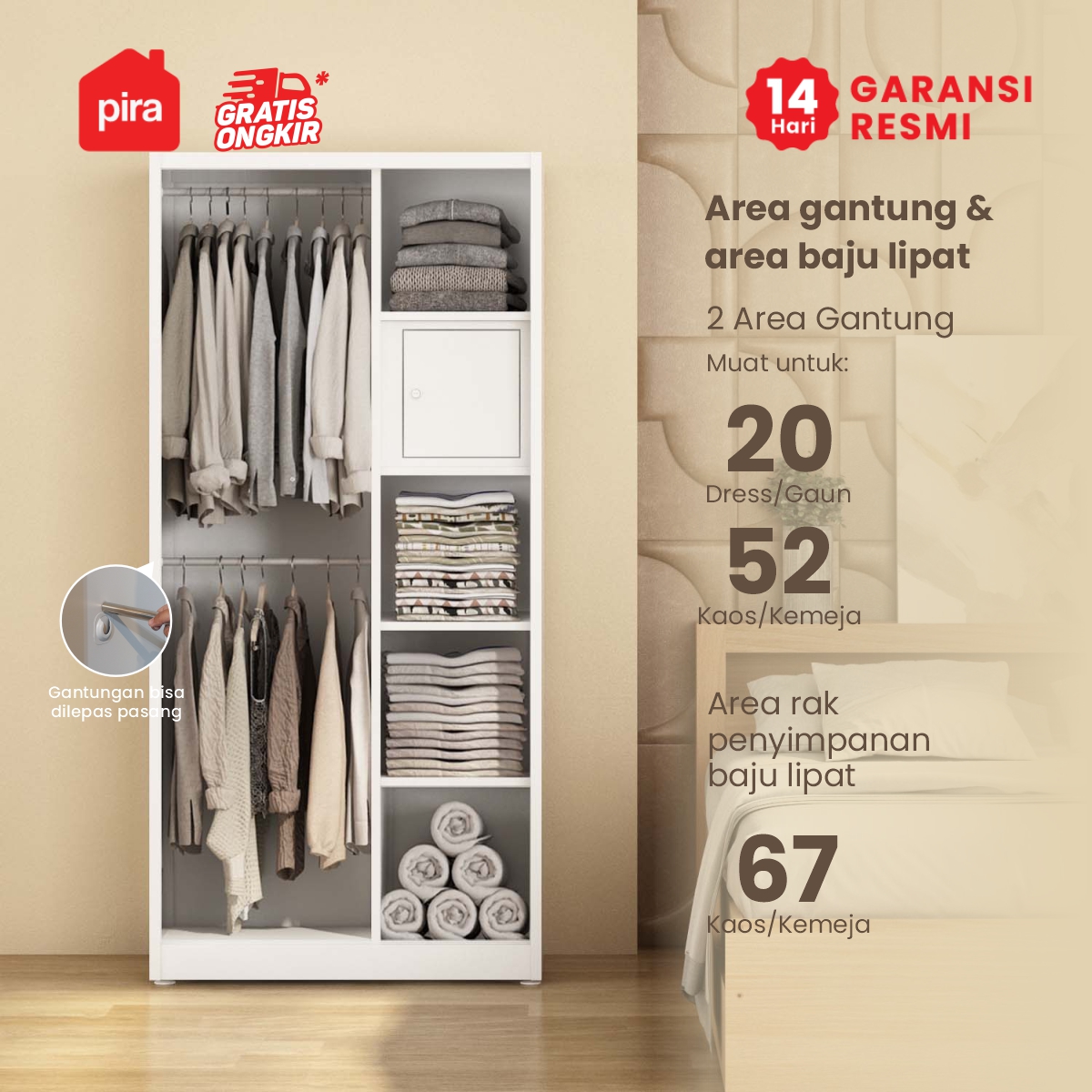 PIRA - SCHON AVA 90 MWDSL LEMARI PAKAIAN BESI SLIDING / PINTU GESER warna WHITE - PIRA - foto 2
