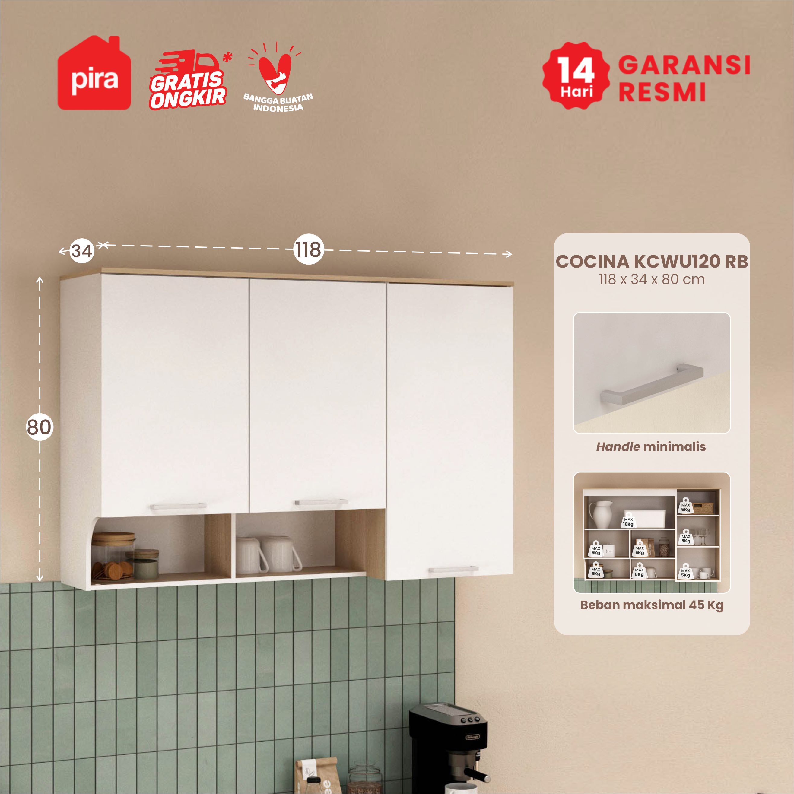 PIRA METROPOLIS - COCINA KCWU120 RB RAK DAPUR / RAK GANTUNG DAPUR / KITCHEN SET ATAS DENGAN RAK BUMBU warna WHITE - PRO OAK - PIRA METROPOLIS - foto 1