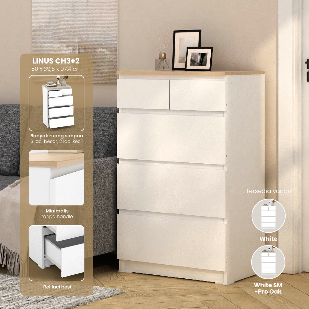 PIRA -  LINUS CH3+2 LEMARI LACI / LEMARI SUSUN / DRAWER warna WHITE - PRO OAK - PIRA - foto 1