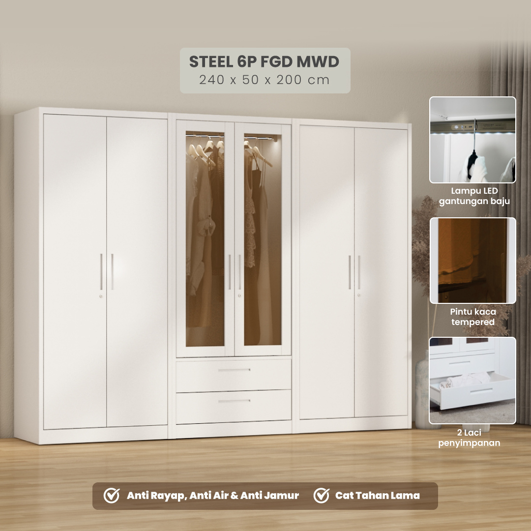 PIRA - STEEL 6P FGD MWD LEMARI PAKAIAN BESI 6 PINTU DENGAN LACI DAN LED warna WHITE - PIRA - foto 1