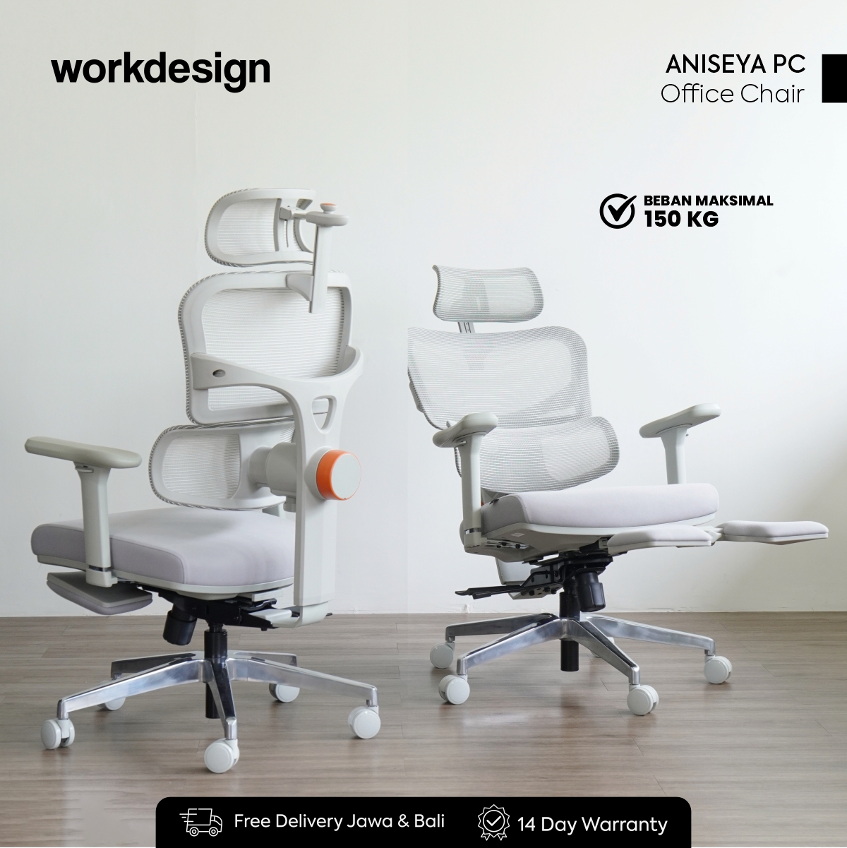 WORKDESIGN ANISEYA PC KURSI KANTOR / KURSI KERJA ERGONOMIS DENGAN LUMBAR SUPPORT warna GREY - WORKDESIGN - foto 1
