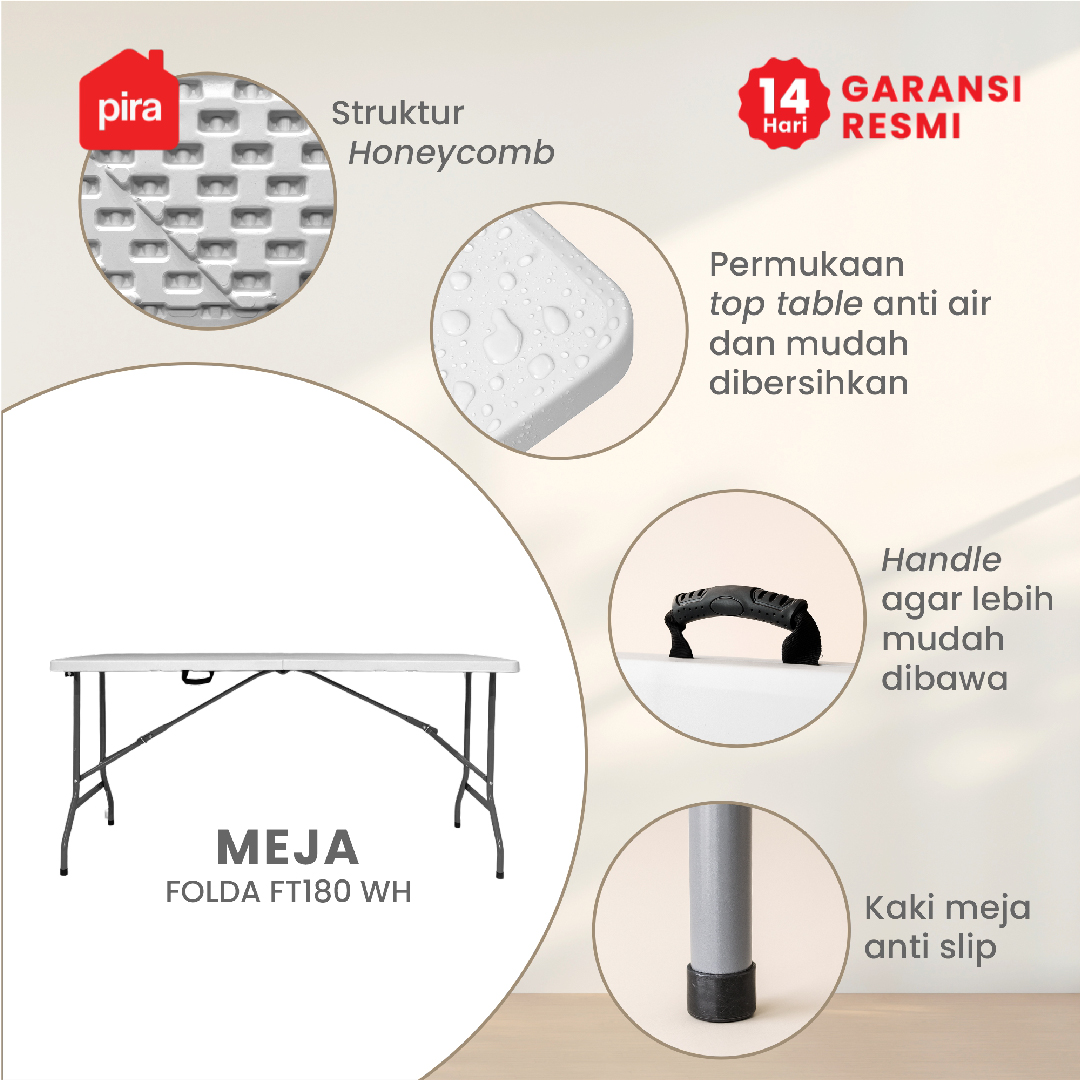 PIRA - FOLDA FT180 H MEJA SERBAGUNA / MEJA LIPAT OUTDOOR / MEJA TAMAN / MEJA MAKAN warna WHITE - PIRA - foto 2