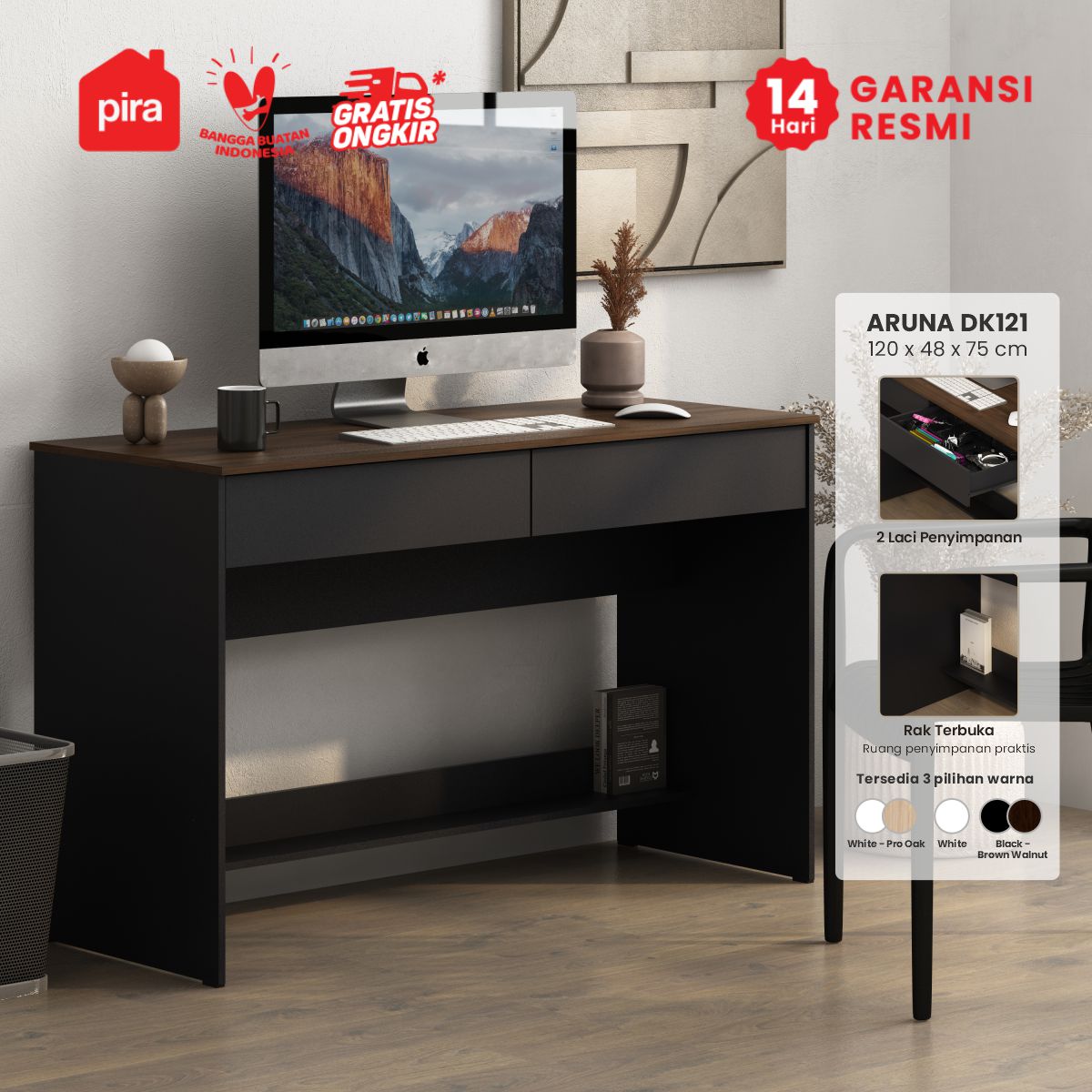 PIRA METROPOLIS OX - ARUNA DK121 MEJA KERJA / MEJA BELAJAR DENGAN LACI warna BLACK - BROWN WALNUT - PIRA METROPOLIS OX - foto 1