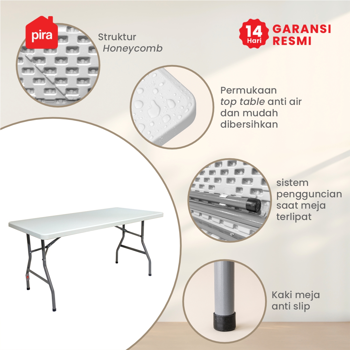 PIRA - FOLDA FT152 MEJA SERBAGUNA / MEJA LIPAT OUTDOOR / MEJA TAMAN / MEJA MAKAN warna WHITE - PIRA - foto 3