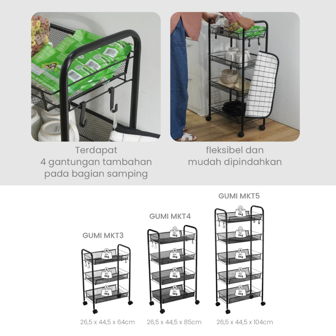 PIRA - GUMI MKT5 RAK TROLI / RAK SERBAGUNA / RAK BESI 3/ 4/ 5 SUSUN DENGAN RODA warna WHITE - PIRA - foto 4